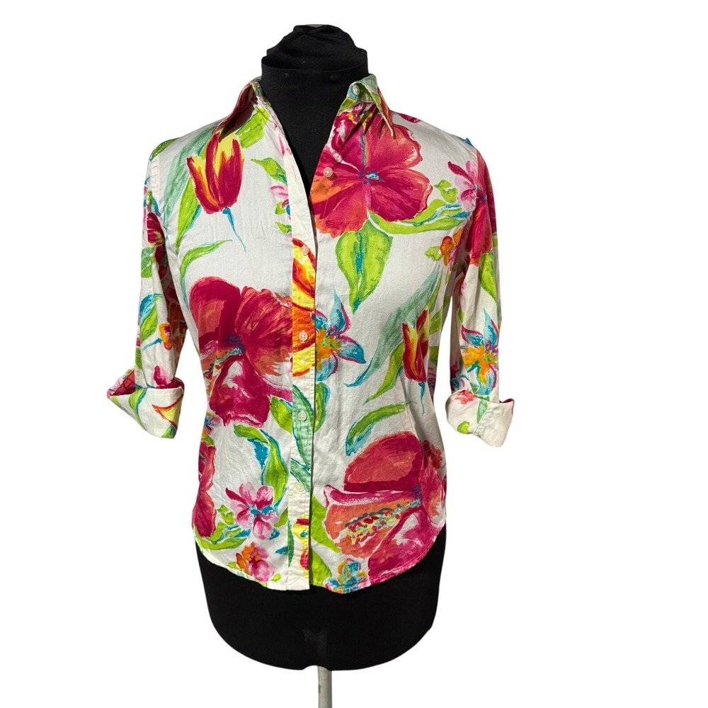 Lauren Ralph Lauren Womens M Hawaiian Tropical Floral Button Shirt Cruise Resort